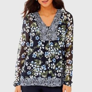 J. Jill Lightweight Navy Floral Longsleeve Blouse Size XS